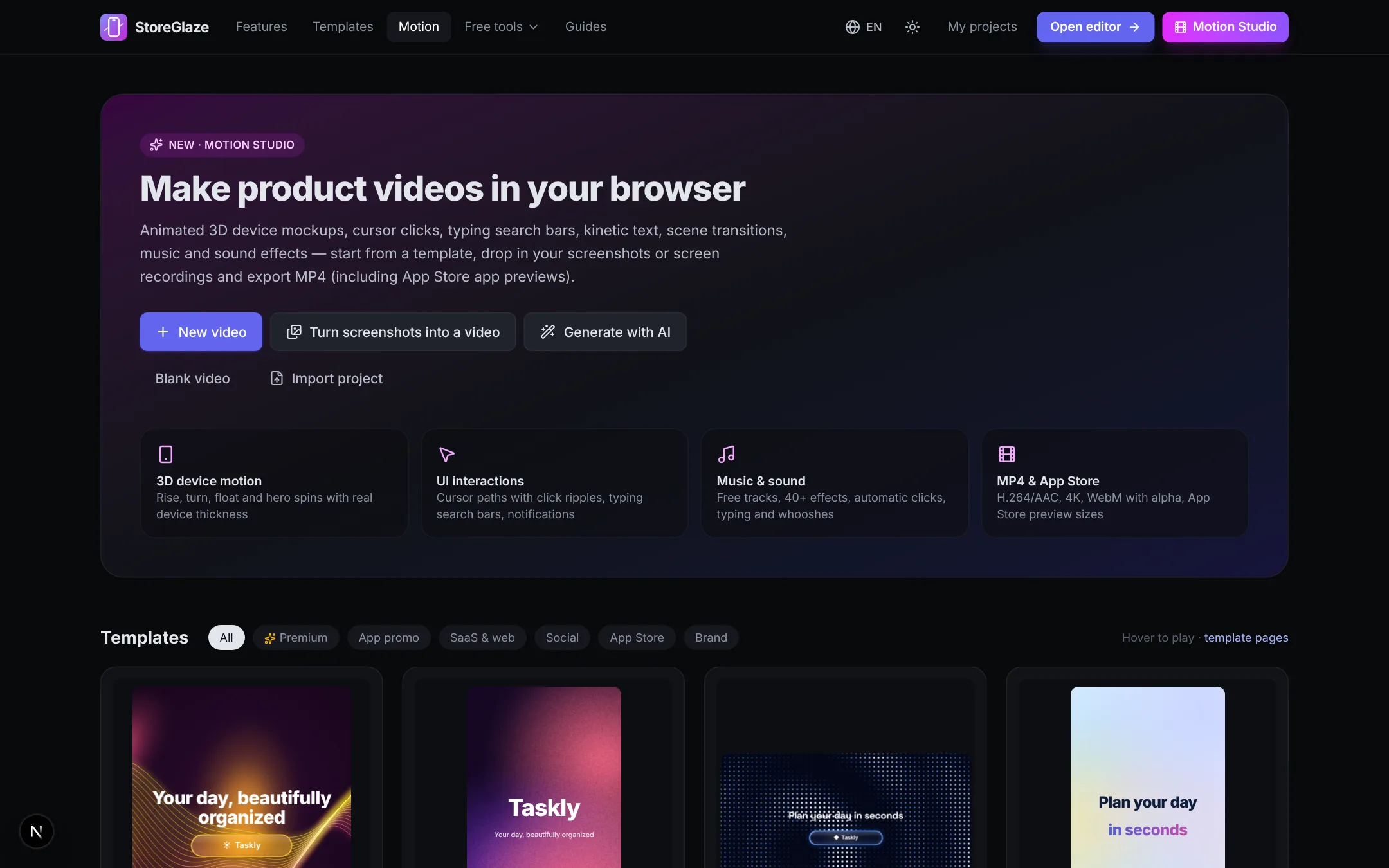 StoreGlaze Motion Studio start page with video templates